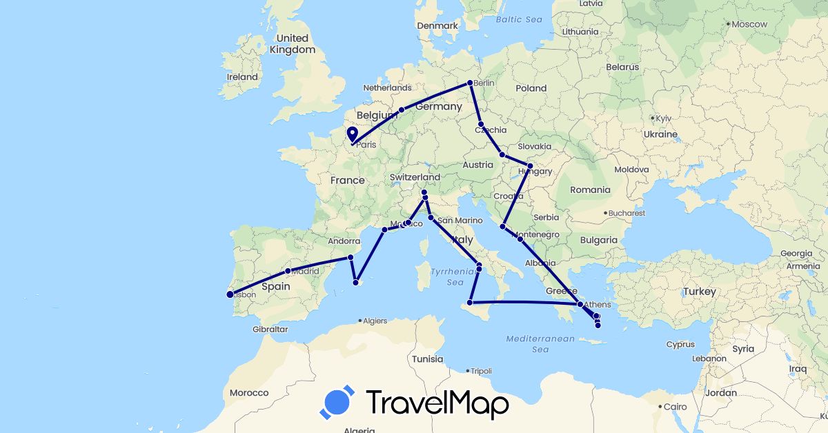 TravelMap itinerary: driving in Austria, Czech Republic, Germany, Spain, France, Greece, Croatia, Hungary, Italy, Portugal (Europe)